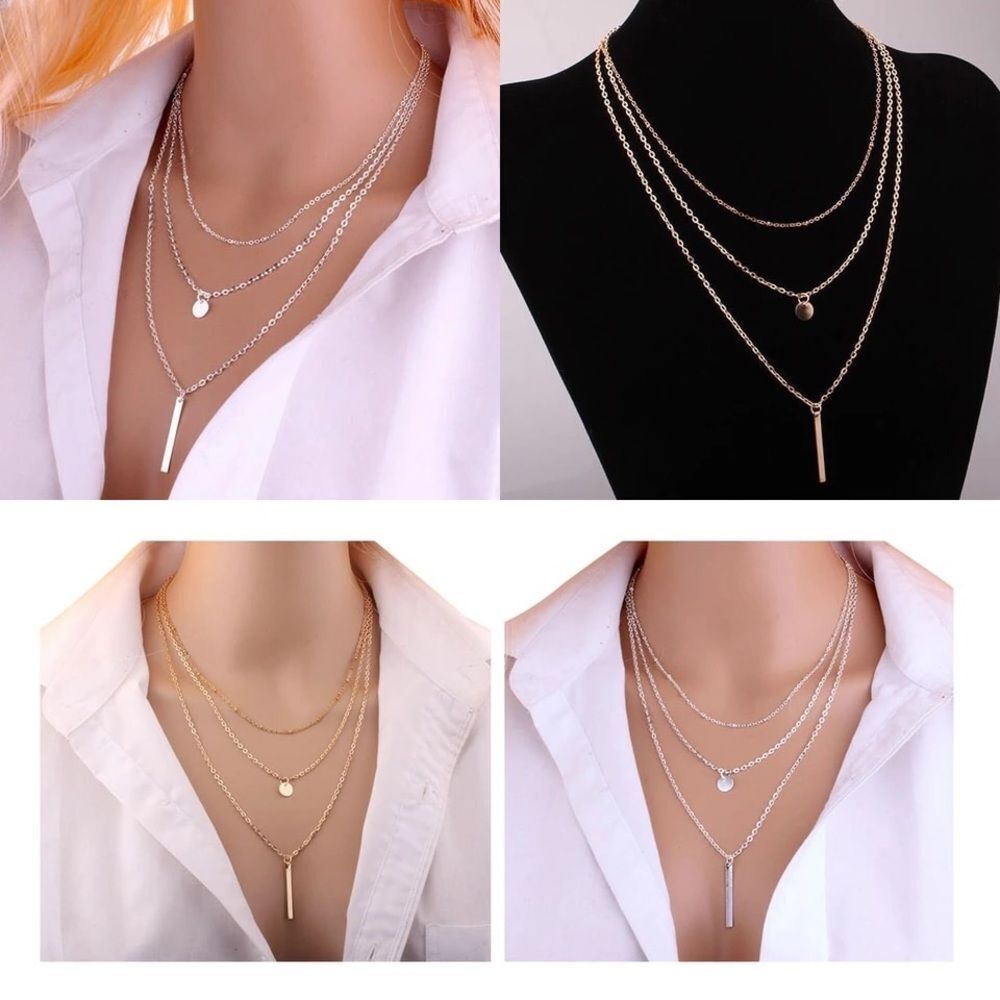 Gold Layered Necklace 3 Tier Chain Pendant Minimalist Dainty Jewelry - Picture 2 of 5